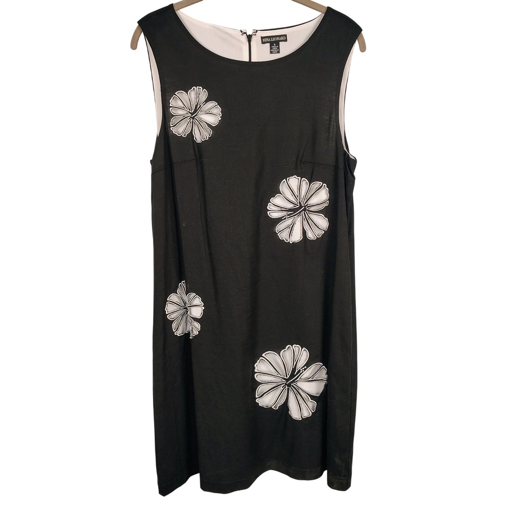 Nina Leonard Womens SZ 6 Floral Shift Dress Black Linen Blend Mod Tropical